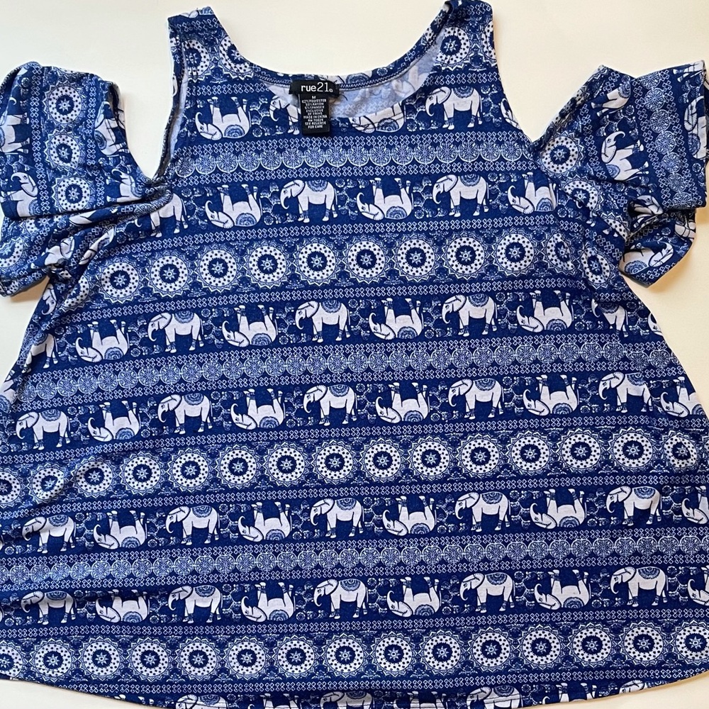 Blue and White Elephant Off the Shoulder Top